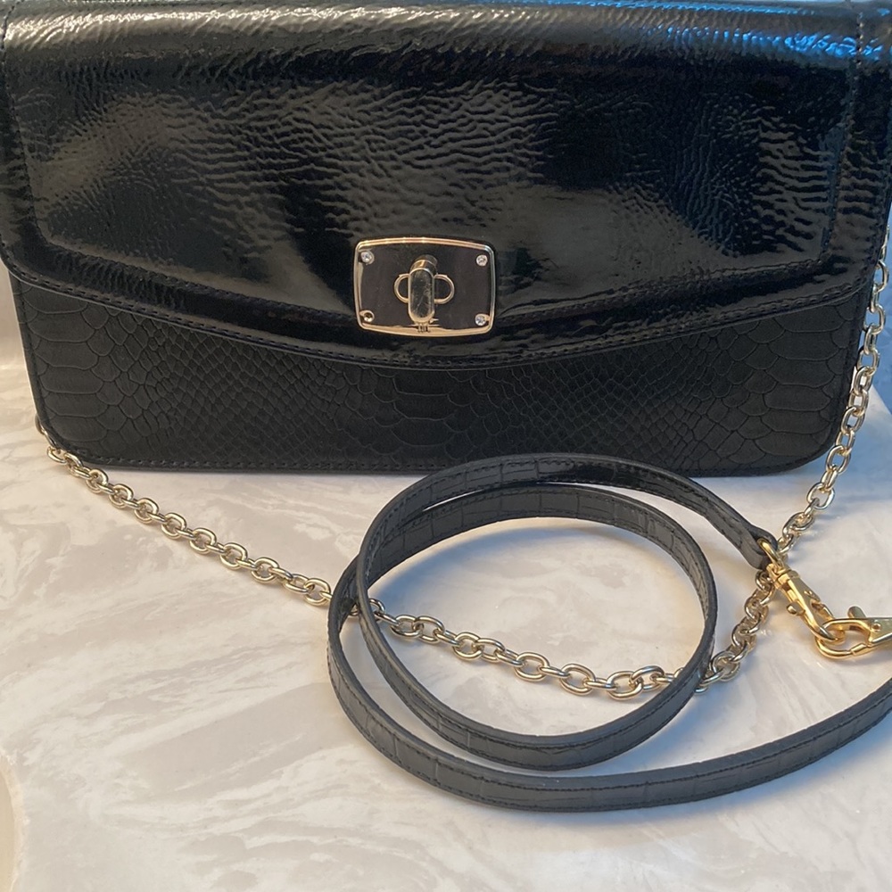 Patent leather purse. 11”x6”x1.5” with a gold chain and patent leather strap